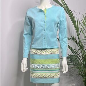 Silk Club Green and Blue Embellished Mini Pencil Skirt And Silk Cardigan Size PM